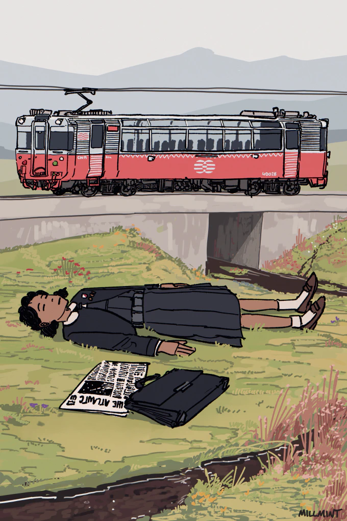 Painting of a girl lying on the grass as a fast tram passes by