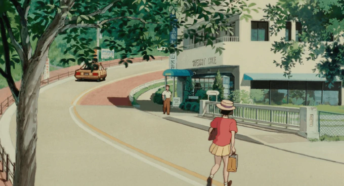 **Fig. 4.1** *Shizuku crosses a curved street in Tamagawa* Image of a scene from the film of a street
