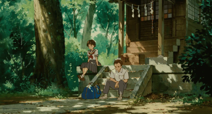 **Fig. 4.3** *Shizuku sits at a shrine after school with a friend* Image of a scene from the film of the characters at a shrine