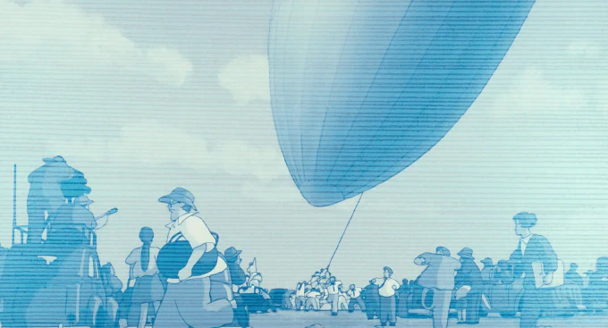 **Fig. 2.2** *News footage shows the zeppelin losing anchor, mimicking footage of the Hindenburg* Image of a zeppelin in strife after it has lost its anchor
