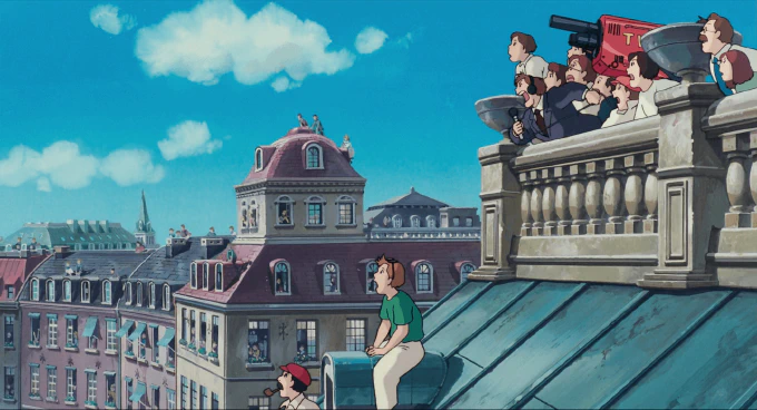 **Fig. 2.3** *Crowds gather on Koriko’s rooftops to watch the stricken zeppelin* Image of crowds watching the stricken zeppelin