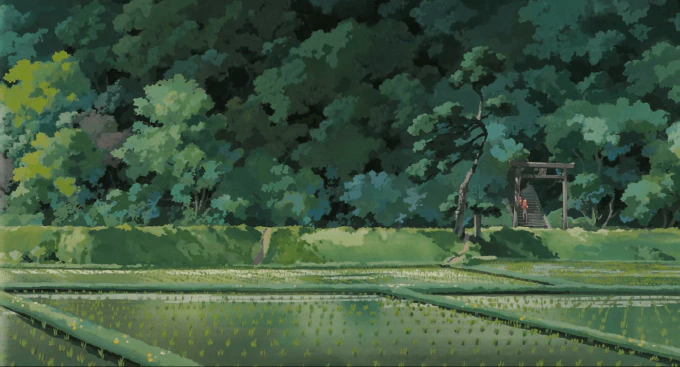 **Fig. 1.2** *The family visits an old shrine buried deep in the forest* Image of farms and fields, with the stairs to a shrine in the distance